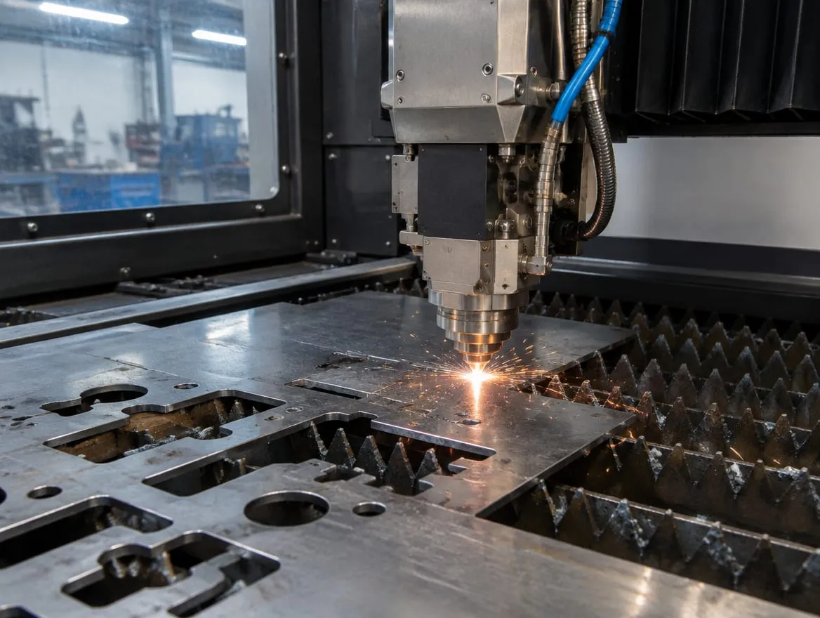 Immagine provvisoria generata, non un lavoro reale: taglio laser di una lamiera d’acciaio.