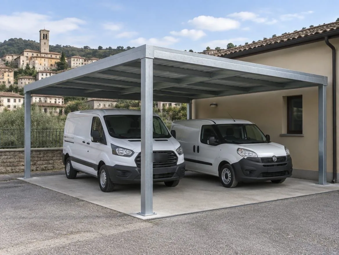 Immagine provvisoria generata, non un lavoro reale: tettoia in tubolari d’acciaio zincati.